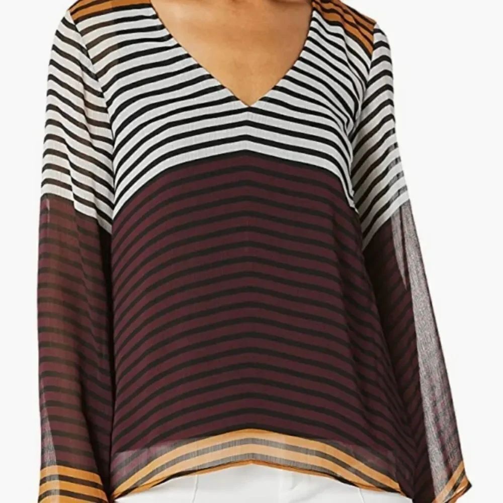 BEIGE BY ECI LONG SLEEVES V-NECK STRIPE CHIFFON COLOR BLOCKED SWING BLOUSE